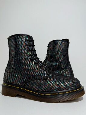 Vintage MIE Dr. Martens Glitter Black Fishnet Fabric 1460 England Boots UK 4